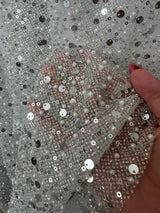 Stretch Silver Sequin Pearl Beaded Mesh