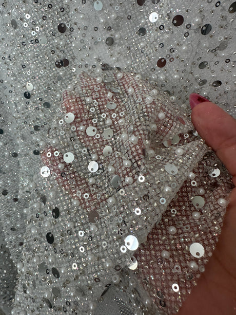 Stretch Silver Sequin Pearl Beaded Mesh