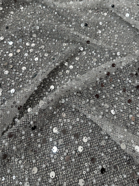 Stretch Silver Sequin Pearl Beaded Mesh