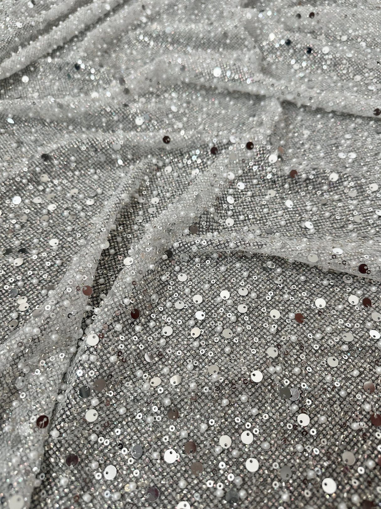 Stretch Silver Sequin Pearl Beaded Mesh