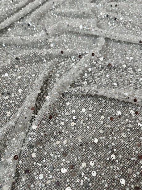 Stretch Silver Sequin Pearl Beaded Mesh