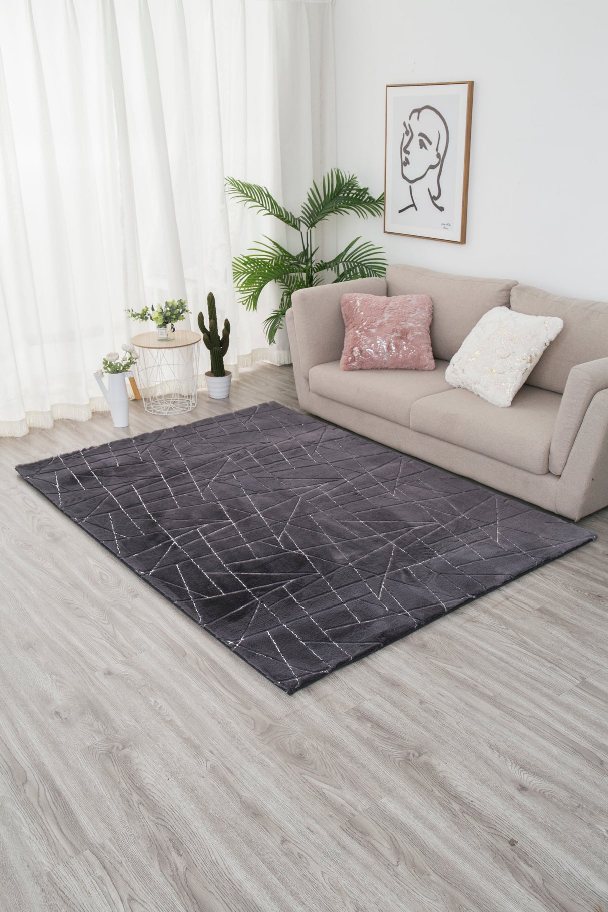 Charcoal Lines Faux Rabbit Touch Rug - Polyester Fabric, Charcoal Lines With Silver Metallic Shimmery Design, 5' X 7' (1 Unit)