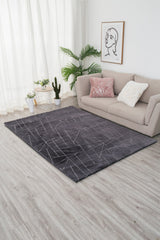Charcoal Lines Faux Rabbit Touch Rug - Polyester Fabric, Charcoal Lines With Silver Metallic Shimmery Design, 5' X 7' (1 Unit)