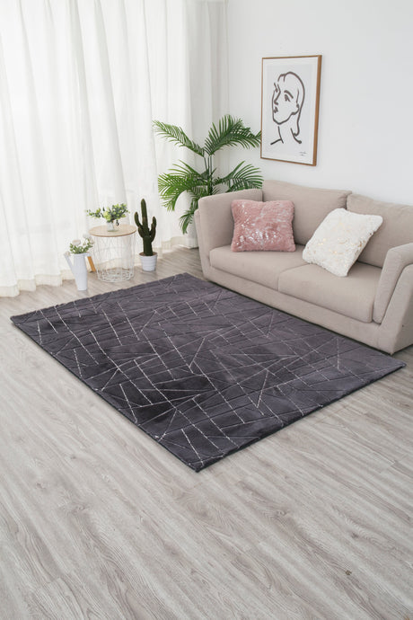 Charcoal Lines Faux Rabbit Touch Rug - Polyester Fabric, Charcoal Lines With Silver Metallic Shimmery Design, 5' X 7' (1 Unit)