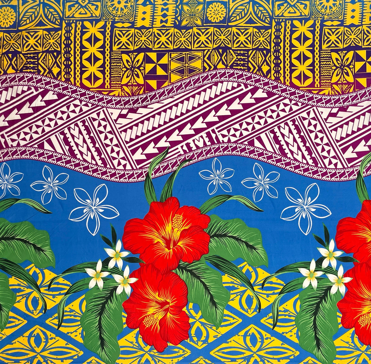 Peachskin Polyester Fabric Tapa Tribal Tattoo Hibiscus Plumeria