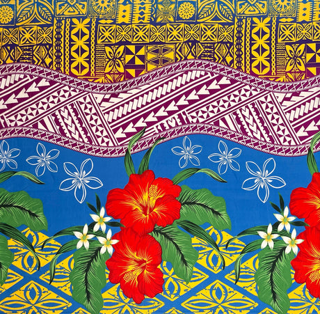 Tapa Tribal Tattoo Hibiscus Plumeria Peachskin Fabric - Blue, Teal, Purple, 44/45" Width (1 Yard)