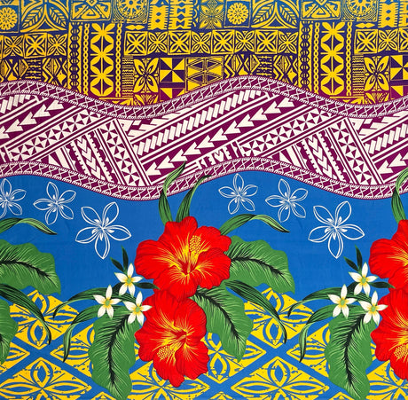 Tapa Tribal Tattoo Hibiscus Plumeria Peachskin Polyester Fabric - Blue, Teal, Purple, 44/45" Width (1 Yard)