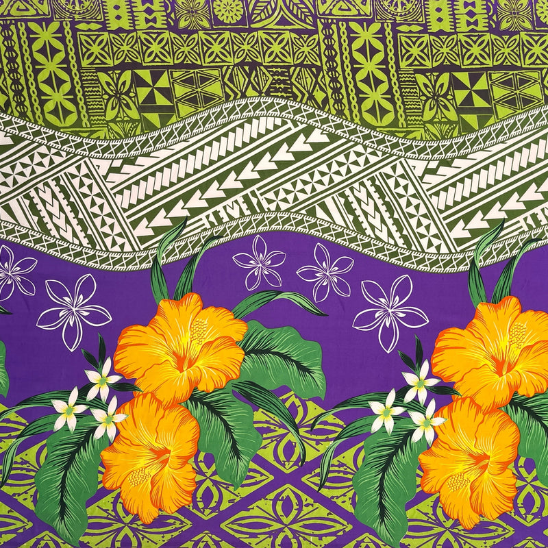 Tapa Tribal Tattoo Hibiscus Plumeria Peachskin Fabric - Blue, Teal, Purple, 44/45" Width (1 Yard)