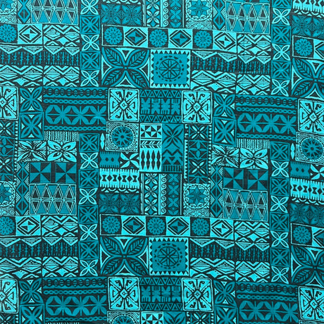 Polynesian Tapa Light Barkcloth Cotton Fabric - Blue Green, Charcoal, Rusty Orange, Green, 45" Width (1 Yard)