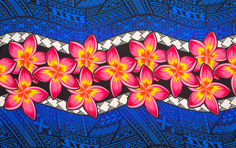 Plumeria Zig Zag Middle Border Polyester Fabric - Blue, Red, Pink, Zig Zag Middle Border, 70" L X 44 1/2" W (1 Sarong)