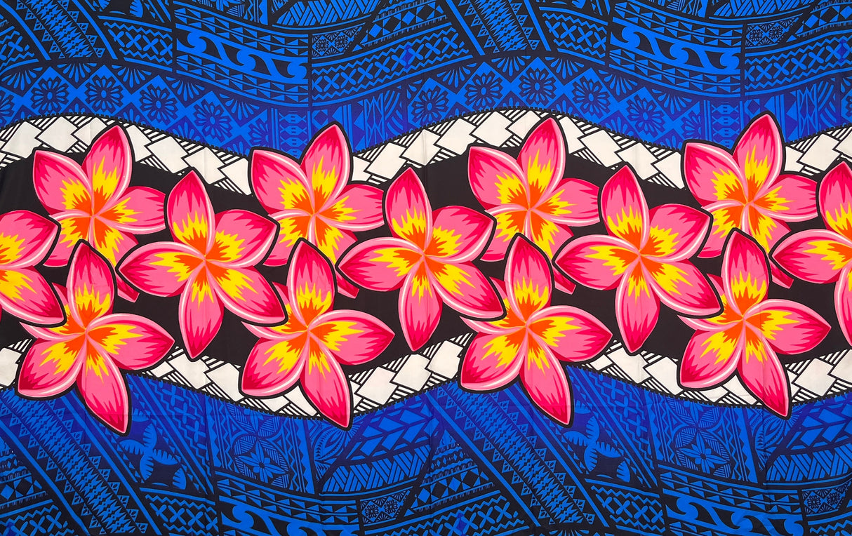 Plumeria Zig Zag Middle Border Polyester Fabric - Polynesian Tattoo Background, Plumeria Flower Zig Zag Middle Border, 70" L X 44 1/2" W (1 Sarong)