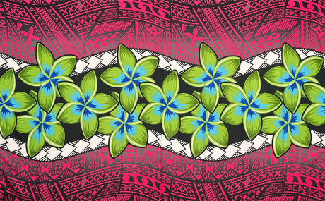 Plumeria Zig Zag Middle Border Polyester Fabric - Blue, Red, Pink, Zig Zag Middle Border, 70" L X 44 1/2" W (1 Sarong)
