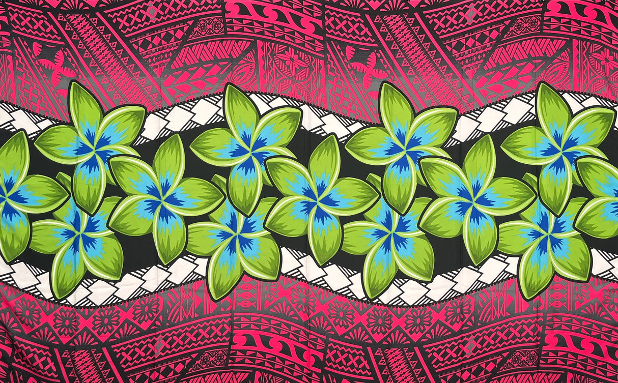Plumeria Zig Zag Middle Border Polyester Fabric - Polynesian Tattoo Background, Plumeria Flower Zig Zag Middle Border, 70" L X 44 1/2" W (1 Sarong)