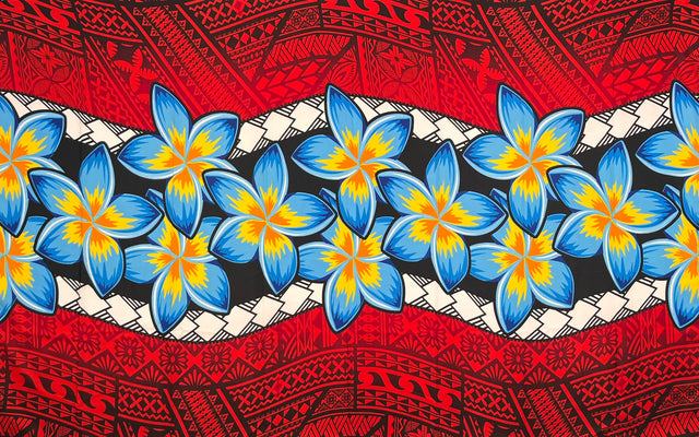Plumeria Zig Zag Middle Border Polyester Fabric - Blue, Red, Pink, Zig Zag Middle Border, 70" L X 44 1/2" W (1 Sarong)