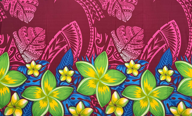 Tribal Tattoo Monstera Leaves With Plumerias Polyester Fabric - Charcoal, Hunter Green, Wine, Violet Blue, 72" L X 45" W (1 Piece)