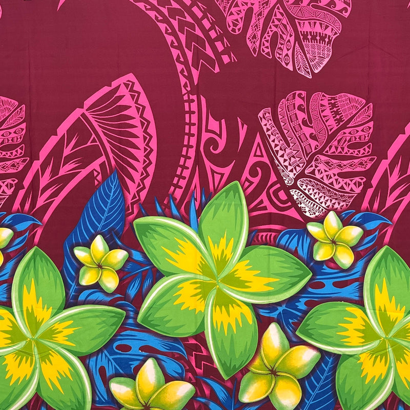Tribal Tattoo Monstera Leaves W/ Plumerias Polyester Fabric - Charcoal, Hunter Green, Wine, Violet Blue, 72" L X 45" W (1 Piece)