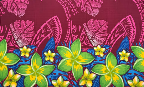 Tribal Tattoo Monstera Leaves W/ Plumerias Polyester Fabric - Charcoal, Hunter Green, Wine, Violet Blue, 72" L X 45" W (1 Piece)