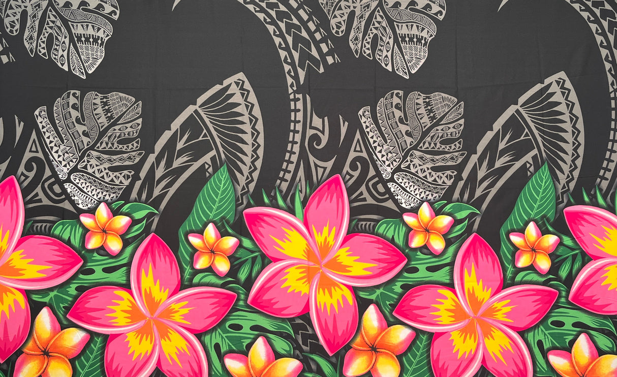 Tribal Tattoo Monstera Leaves With Plumerias Polyester Fabric - Charcoal, Hunter Green, Wine, Violet Blue, 72" L X 45" W (1 Piece)