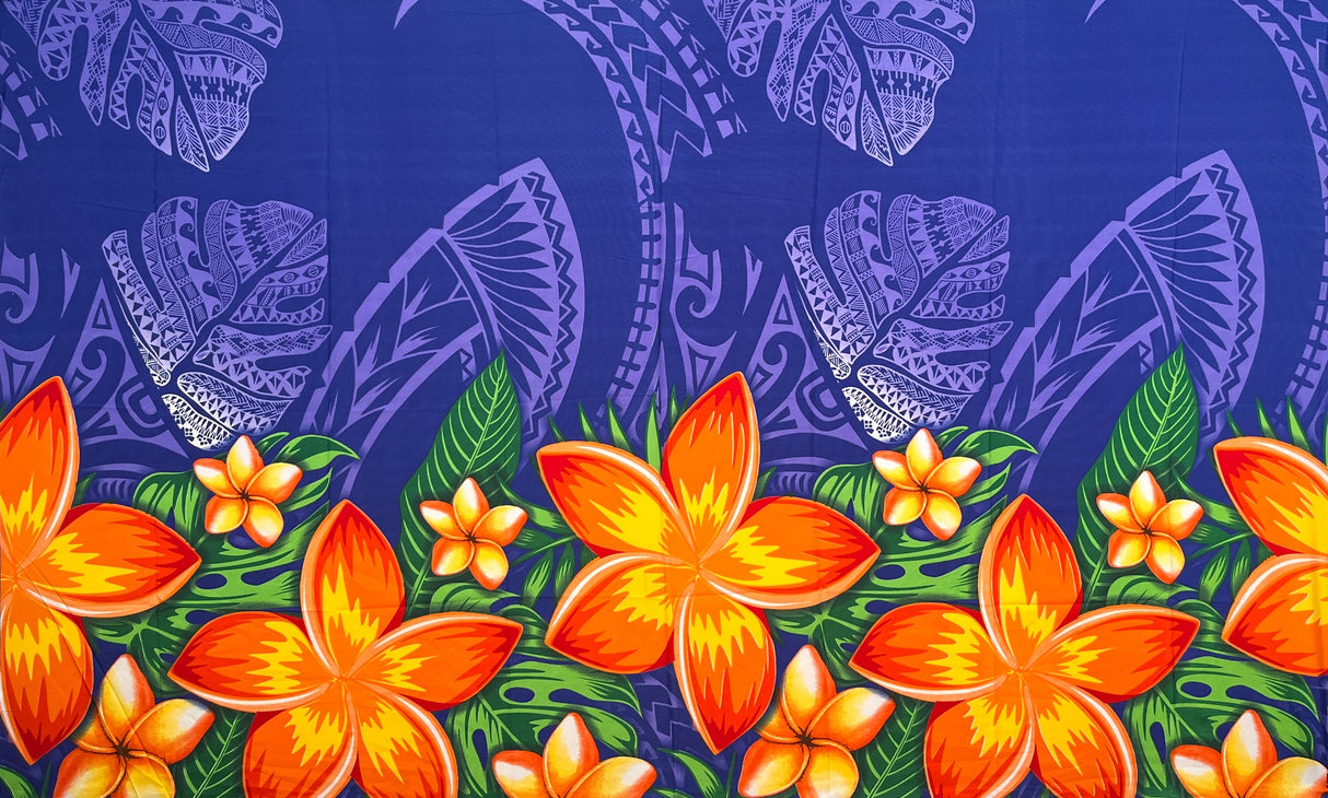 Tribal Tattoo Monstera Leaves W/ Plumerias Polyester Fabric - Charcoal, Hunter Green, Wine, Violet Blue, 72" L X 45" W (1 Piece)