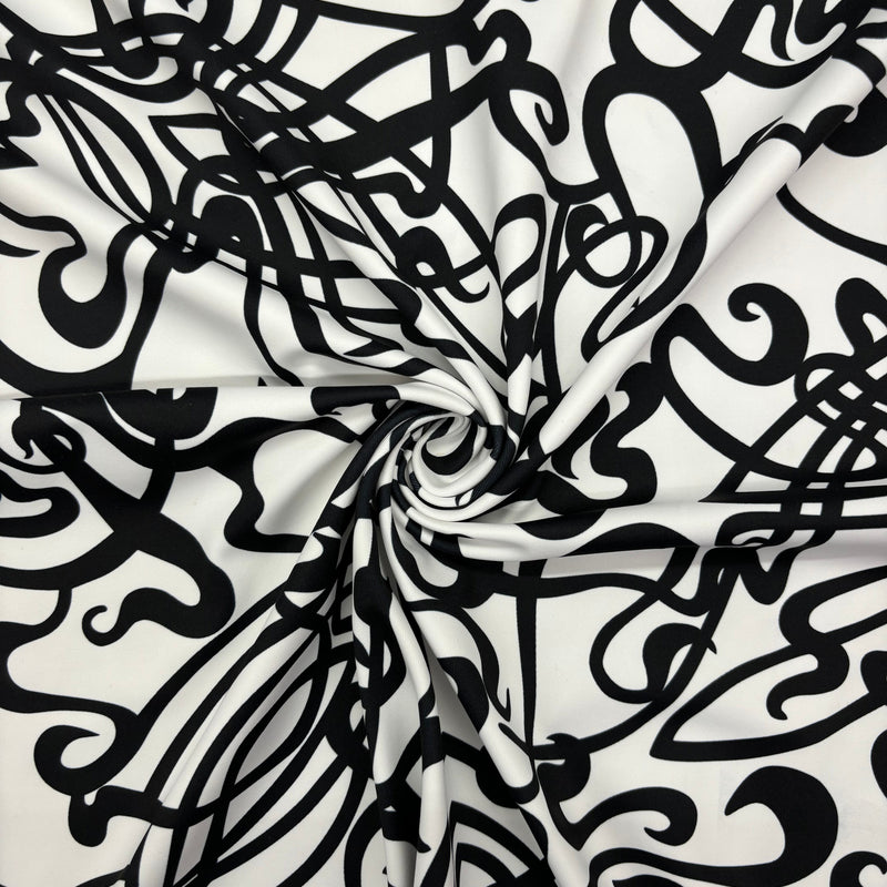 Black And White Abstract Music Print Polyester Spandex Fabric - Black And White Abstract Music Print, 58"/60" Width (1 Yard)