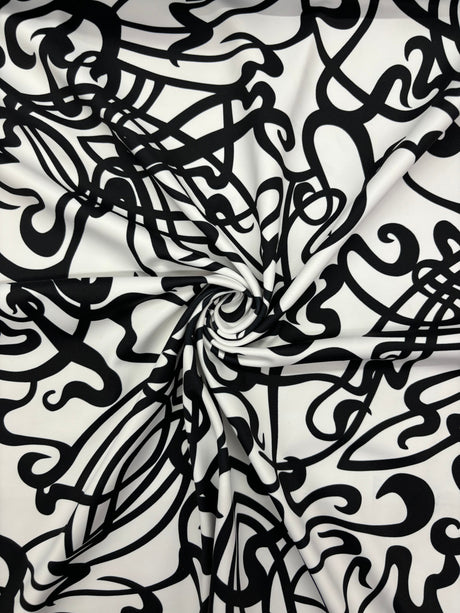 Black And White Abstract Music Print Polyester Spandex Fabric - Black And White Abstract Music Print, 58"/60" Width (1 Yard)