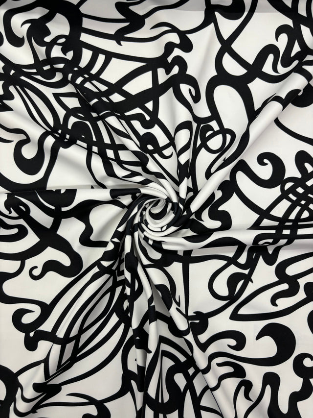 Black And White Abstract Music Print Polyester Spandex Fabric - Black And White Abstract Music Print, 58"/60" Width (1 Yard)