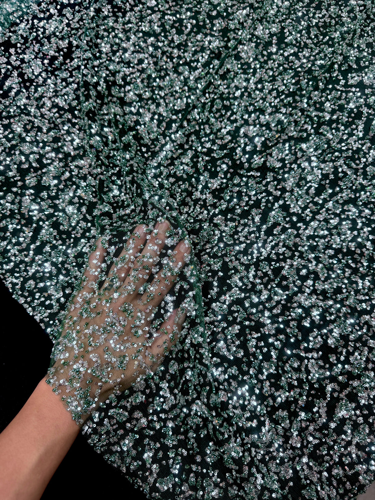 Stretch Beaded Sequin Lace Green-Silver