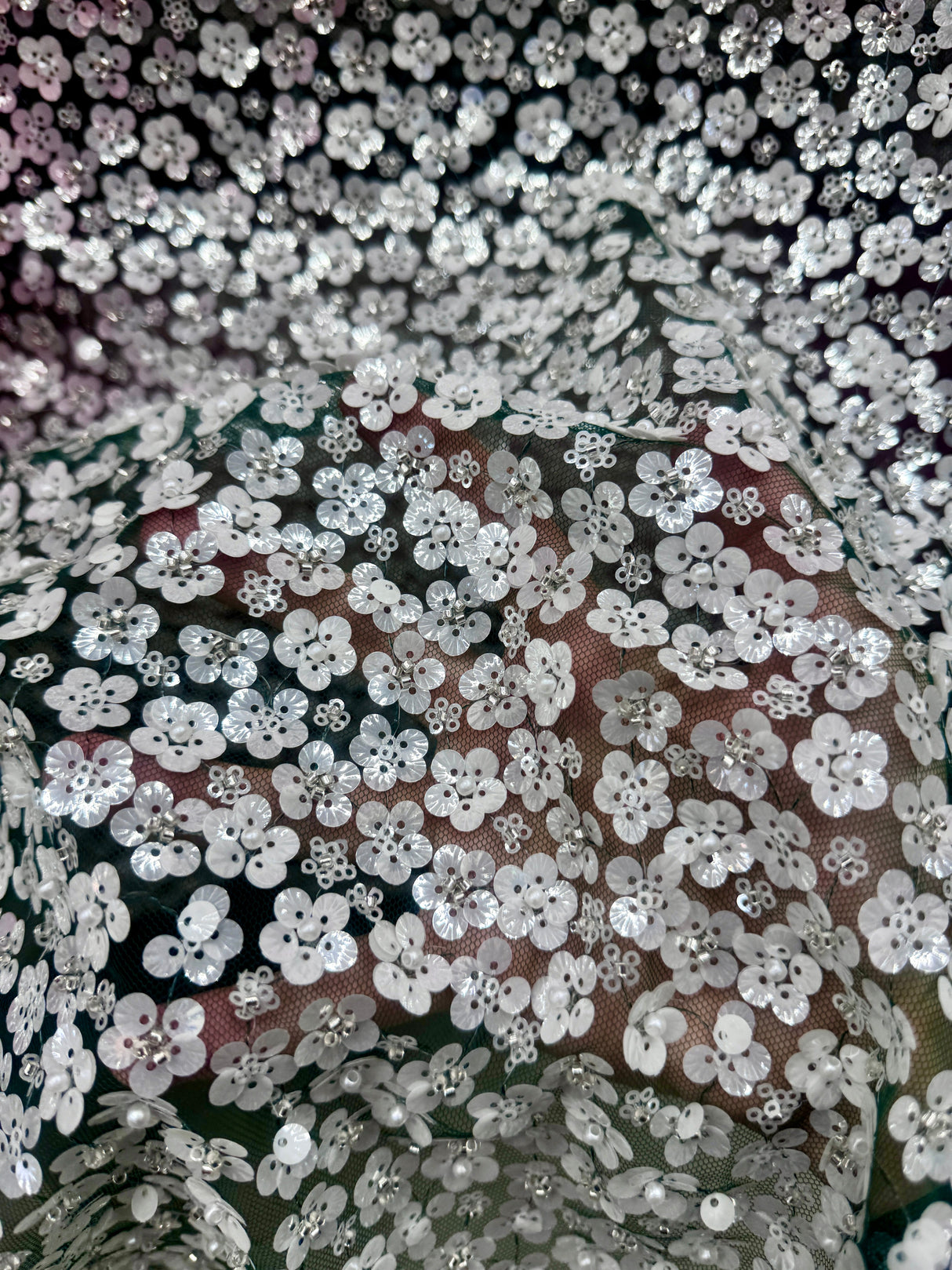 Stretch Sequin Flowers on Hunter Green Mesh