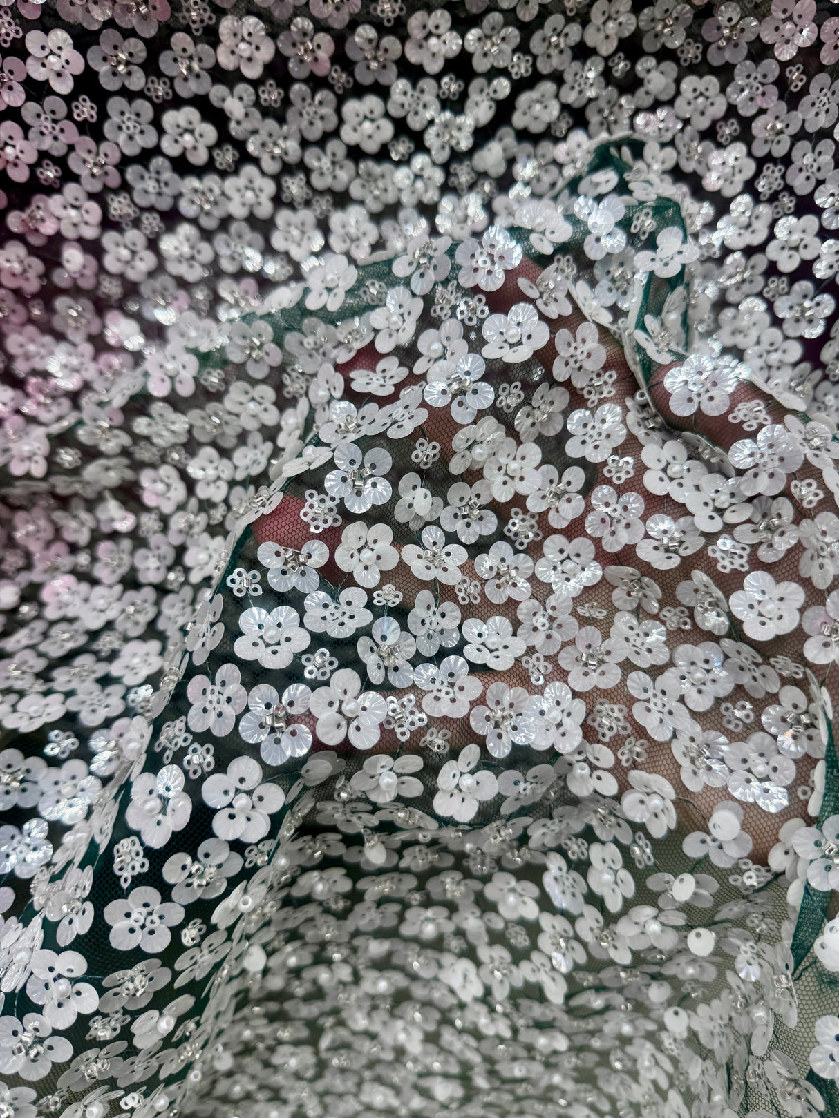 Stretch Sequin Flowers on Hunter Green Mesh