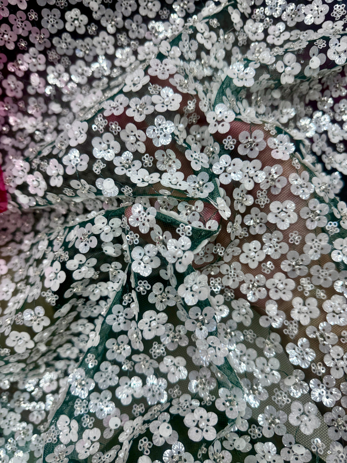 Stretch Sequin Flowers on Hunter Green Mesh