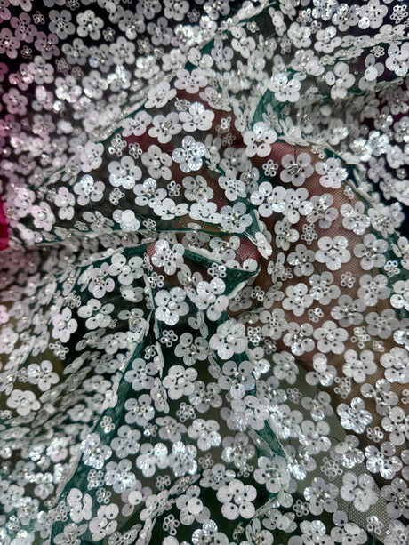 Stretch Sequin Flowers on Hunter Green Mesh