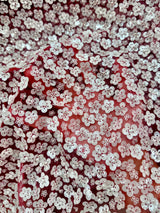 Stretch 3D White Sequin Flowers on Red Mesh