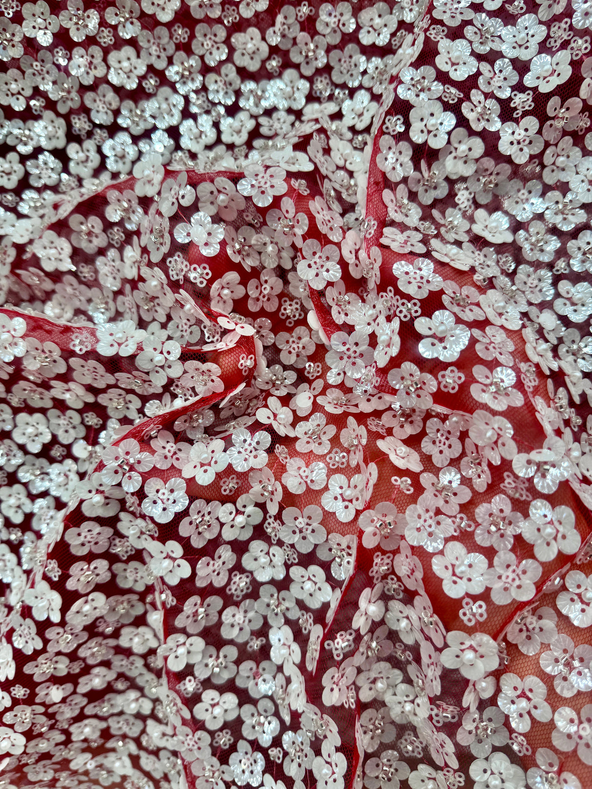 Stretch 3D White Sequin Flowers on Red Mesh