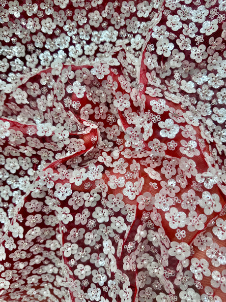 Stretch 3D White Sequin Flowers on Red Mesh