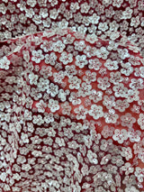 Stretch 3D White Sequin Flowers on Red Mesh