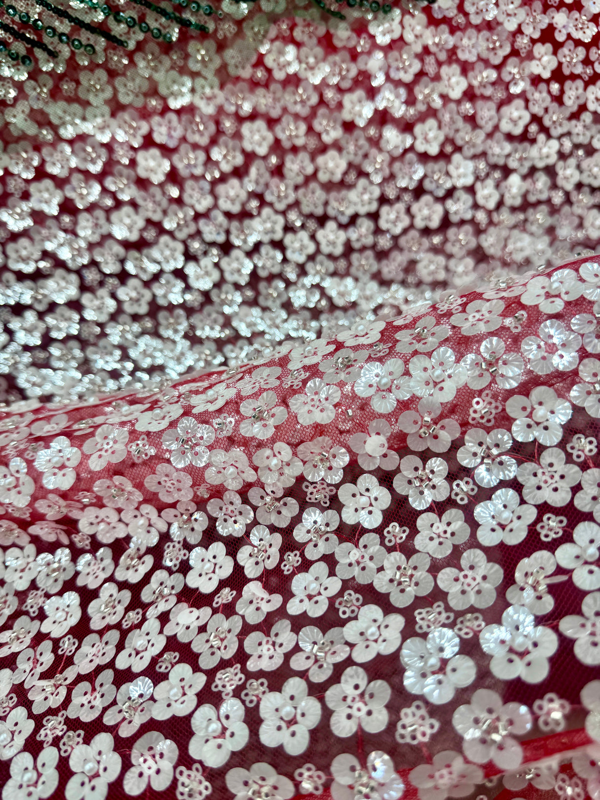 Stretch 3D White Sequin Flowers on Red Mesh