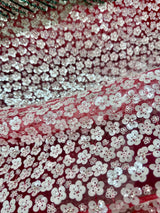 Stretch 3D White Sequin Flowers on Red Mesh
