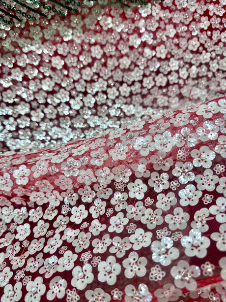 Stretch 3D White Sequin Flowers on Red Mesh