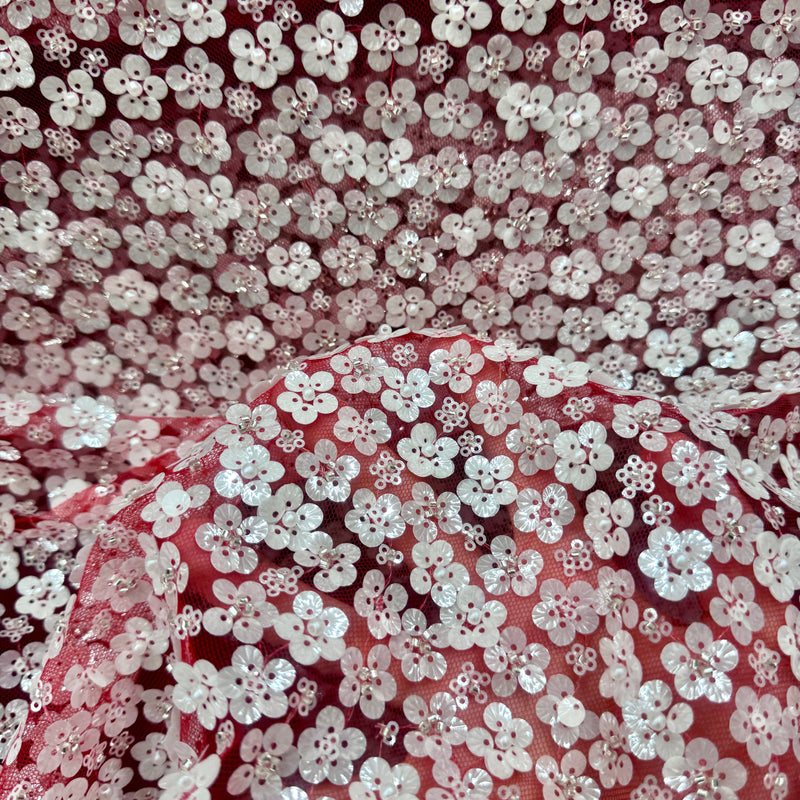 Stretch 3D White Sequin Flowers on Red Mesh