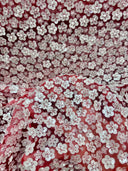 Stretch 3D White Sequin Flowers on Red Mesh