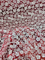 Stretch 3D White Sequin Flowers on Red Mesh