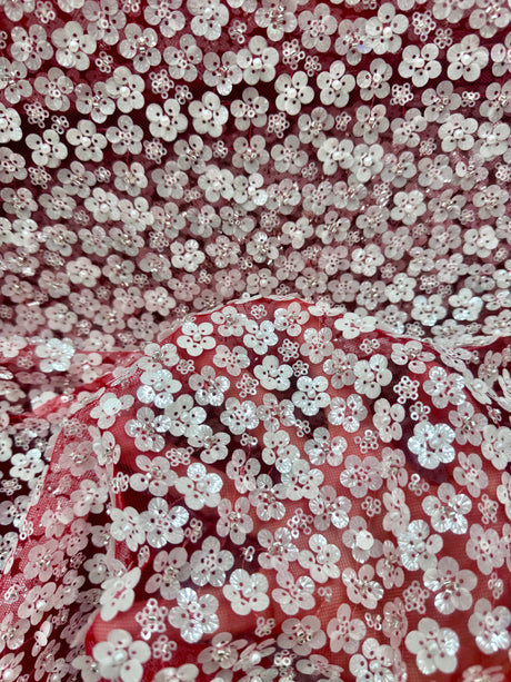 Stretch 3D White Sequin Flowers on Red Mesh