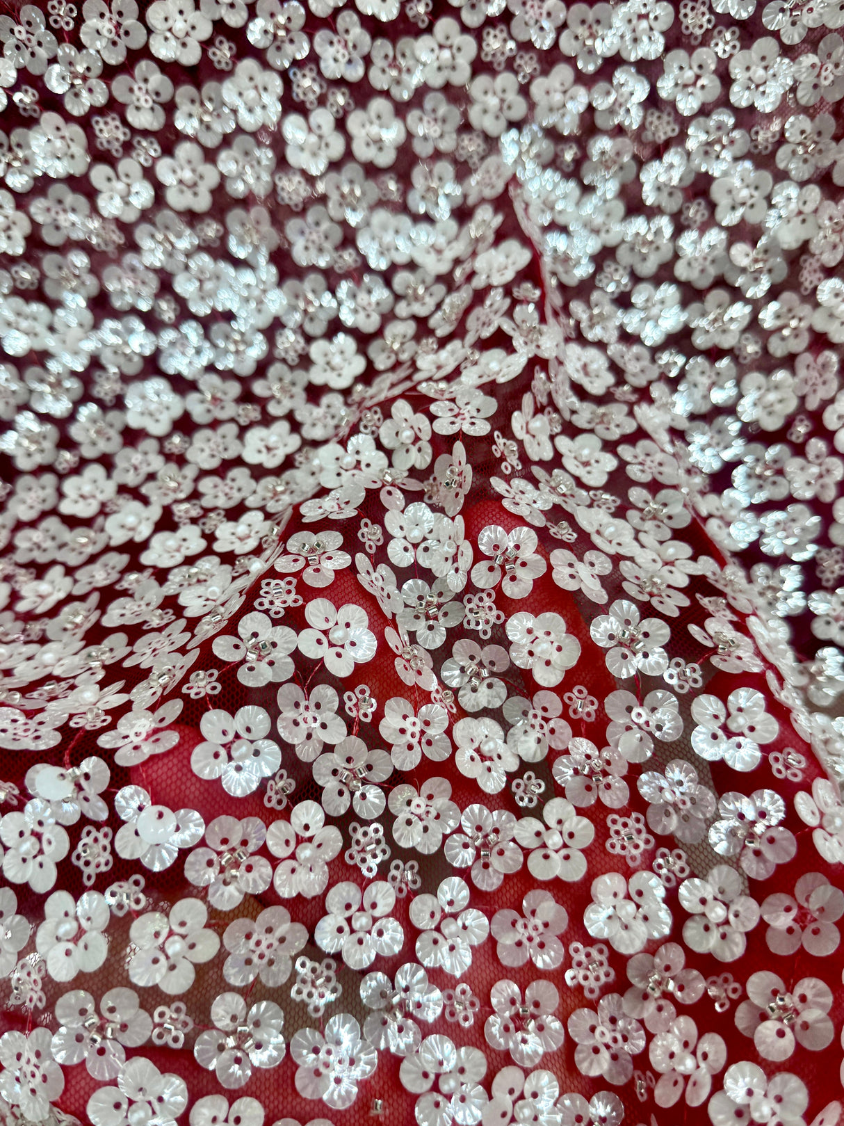 Stretch 3D White Sequin Flowers on Red Mesh