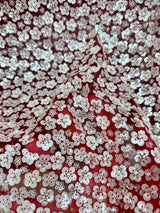 Stretch 3D White Sequin Flowers on Red Mesh