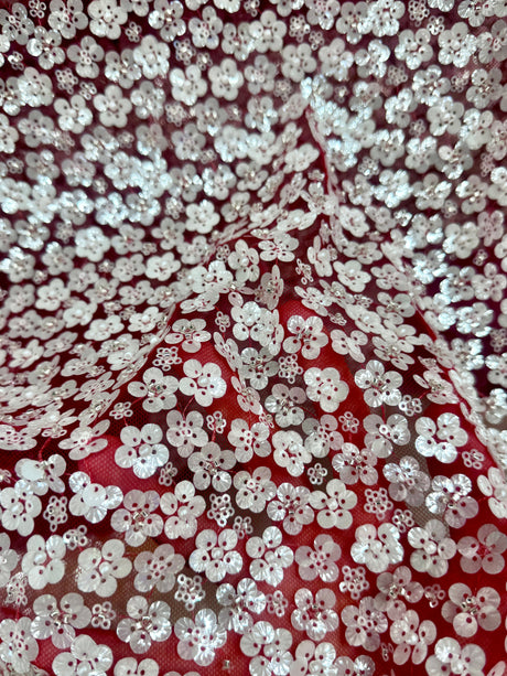 Stretch 3D White Sequin Flowers on Red Mesh