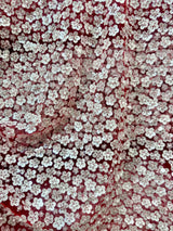 Stretch 3D White Sequin Flowers on Red Mesh