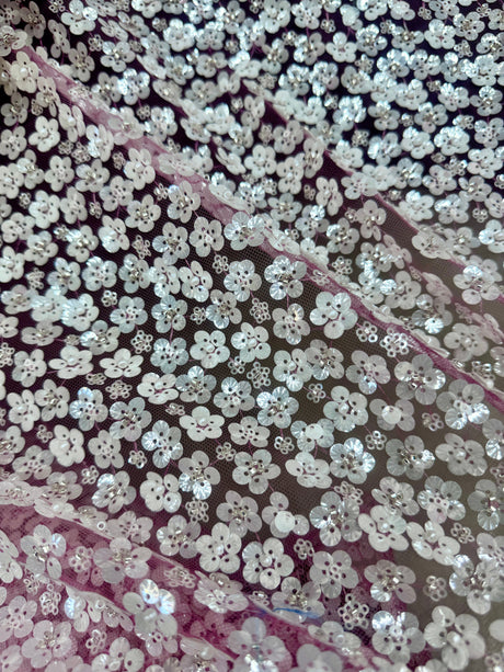 3D White Sequin Flowers on Baby Pink Mesh
