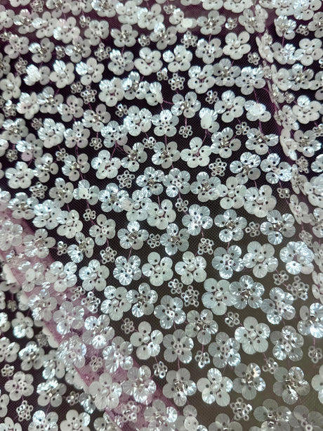 3D White Sequin Flowers on Baby Pink Mesh