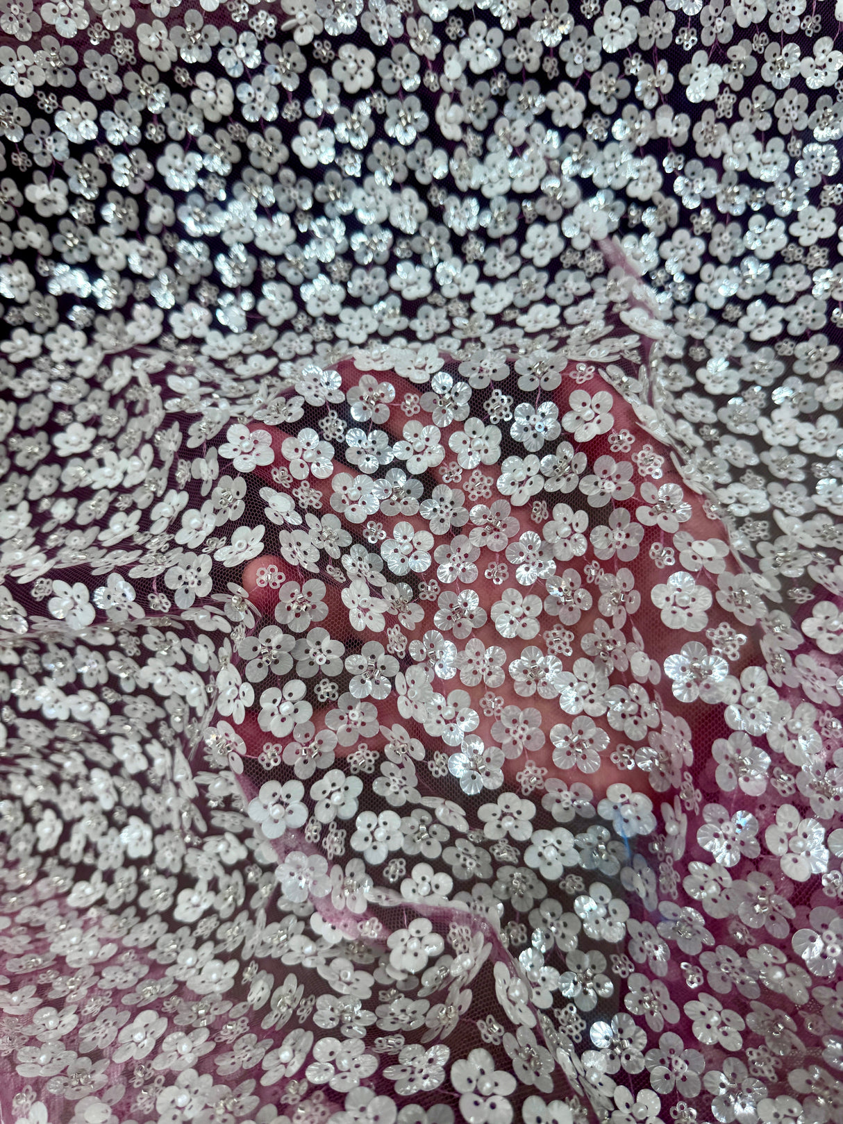 3D White Sequin Flowers on Baby Pink Mesh