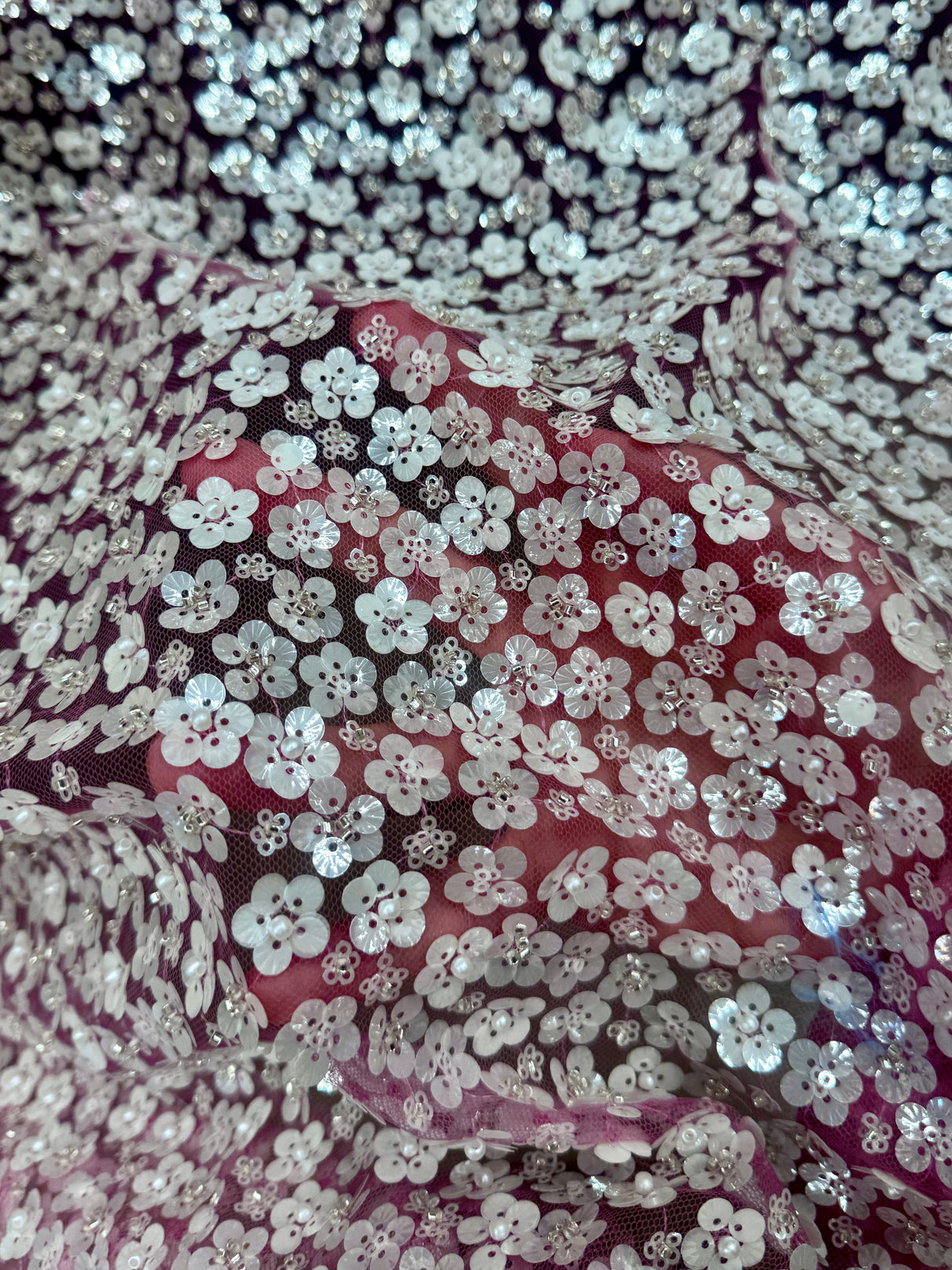 3D White Sequin Flowers on Baby Pink Mesh